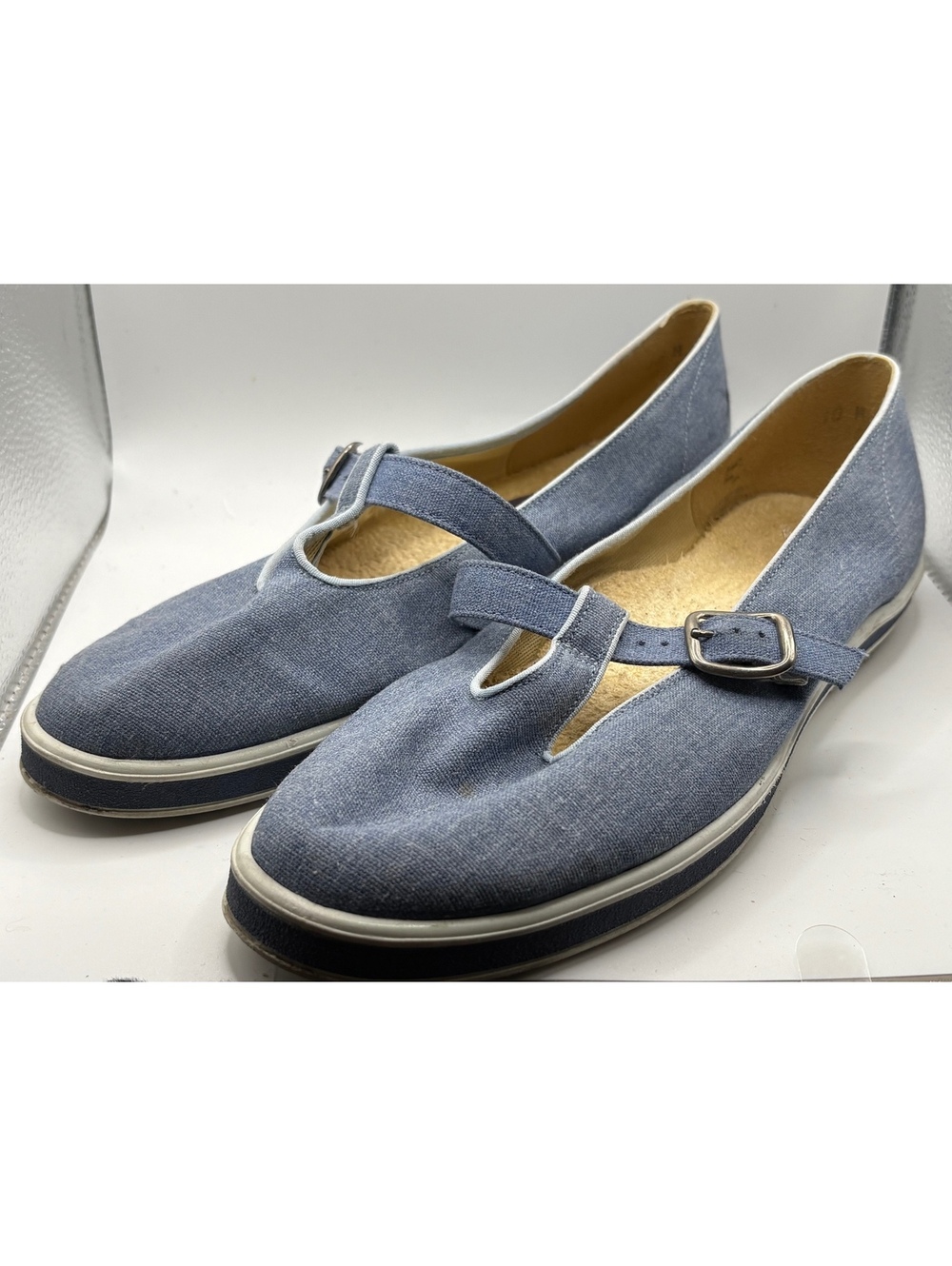Vintage Hush Puppies Casuals Blue Denim T-Strap Mary Jane Flats Women’s Size 10M